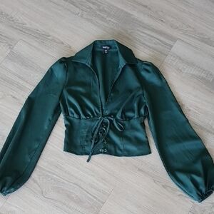Boohoo Emerald Satin Top with Tie Detail